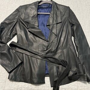 Elie Tahari 100% Lamb Leather Jacket Gray EUC Size Small Moto Zip Drape.